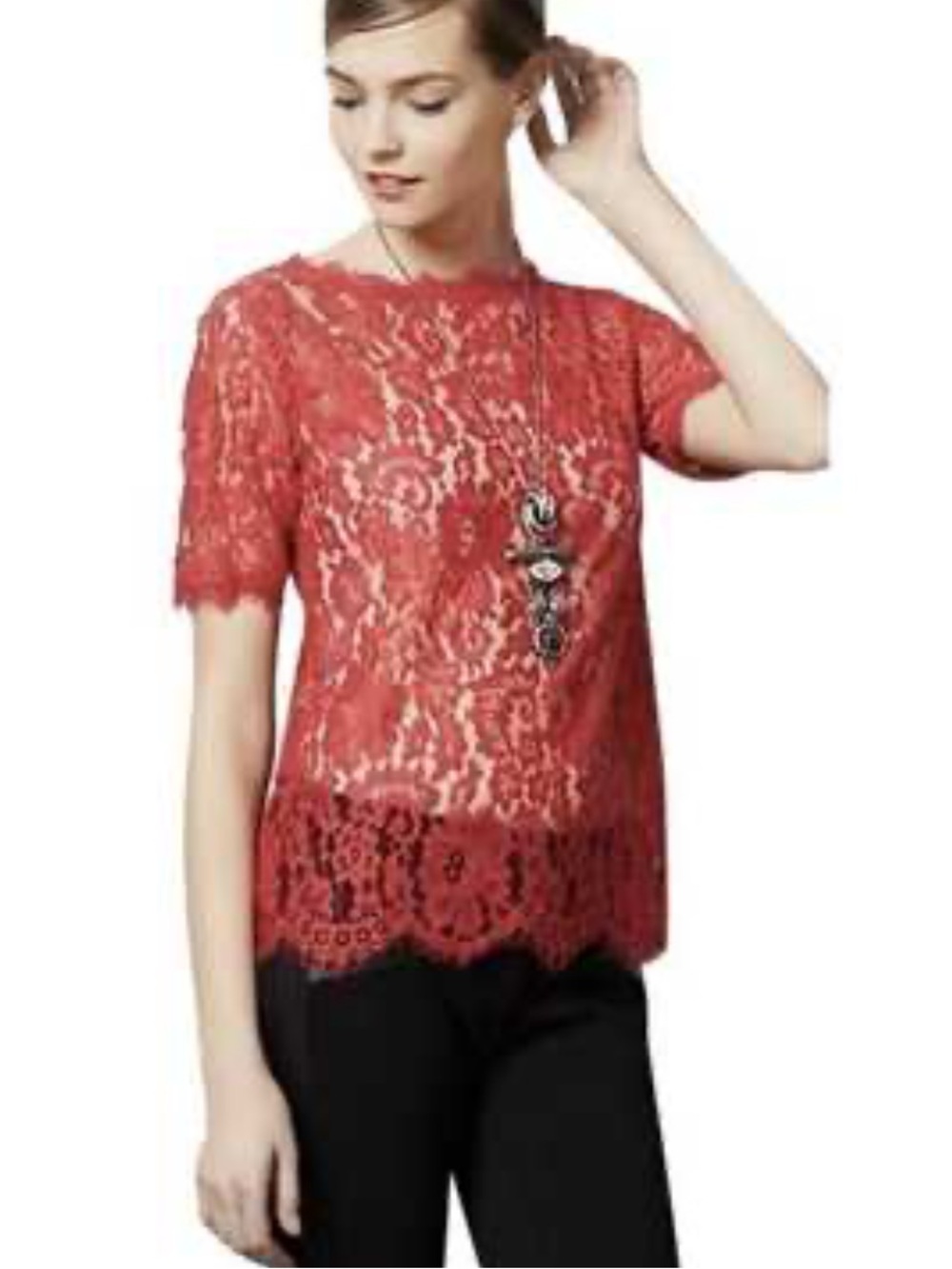 Anthropologie Vanessa Virginia Hot Pink Lace Short Sleeve Blouse